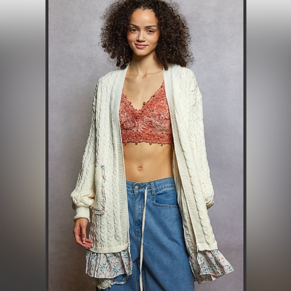 POL Sweaters - POL Cream Cable Knit Cardigan with Floral Trim